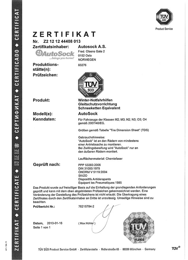 Certifikát TÜV AutoSock – nákladní vozy